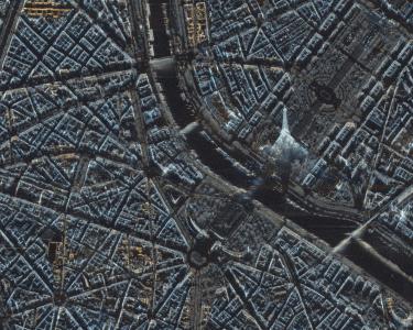 The centre of Paris, France. The COSMO-SkyMed image shows with clarity the Eiffel Tower, on the right, and the Arc de Triomphe, on the left, separated by the Seine. COSMO-SkyMed Second Generation © ASI. Processed and distributed by e-GEOS.