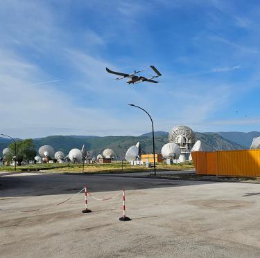 Drone test flights between antennas at the Fucino Space Center.